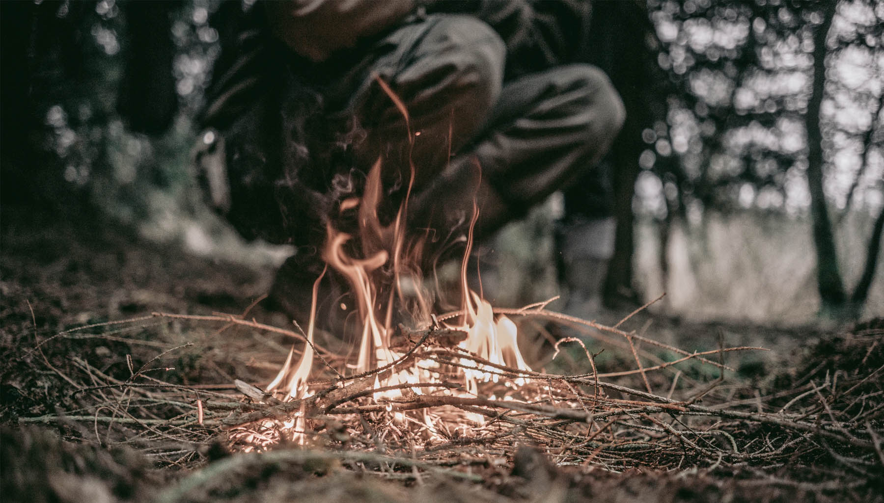 Close-up shot of a person burning some twigs in the jungle