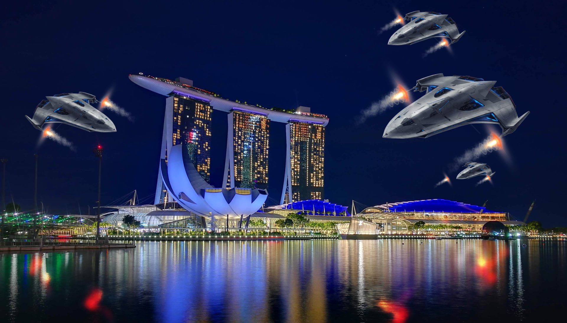 Three alien spaceships ready to attack the Marina Bay Sands building in Singapore