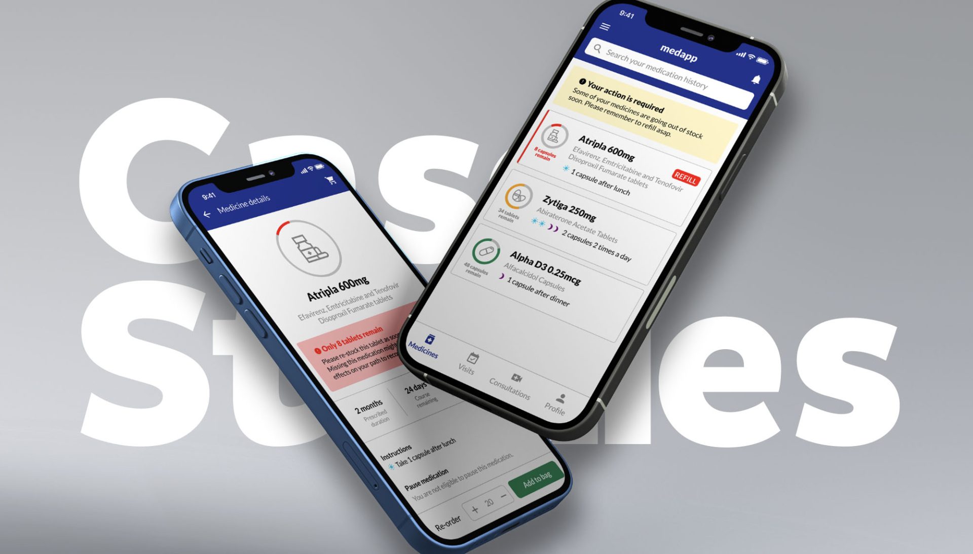 Two floating iPhones showing a design mockup on the screen